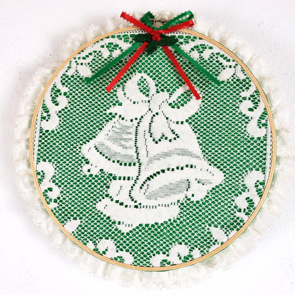 Handmade Christmas White Lace Jingle Bells Hoop Wall Art Vintage Xmas Decoration